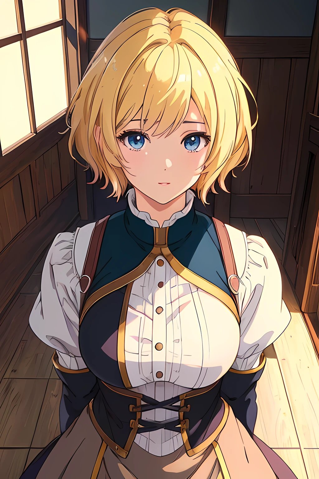 cute anime girl, blonde hair, short hair, medieval dress, brown boots, inside house, clean detailed faces, analogous colors, beautiful gradient, clean image, high quality, high detail, high definition, cute face, 4k resolution, full body, ultra sharp focus, extremely detailed eyes, detailed symmetric realistic face, extremely detailed natural texture, perfectly centered medium upper shot, nikon d850 film stock photograph, kodak portra 400 camera f1.6 lens, extremely detailed, amazing, fine detail, rich colors, one body, fully clothed, face, head in frame, body in frame, good proportions