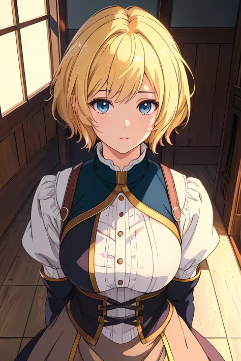 cute anime girl, blonde hair, short hair, medieval dress, brown boots, inside house, clean detailed faces, analogous colors, bea...