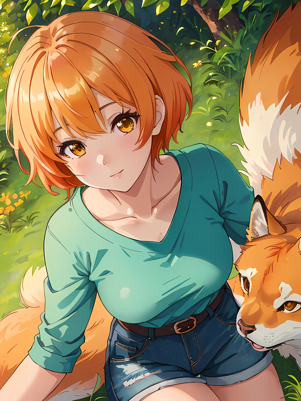 cute anime girl, kitsune, orange hair, short hair, green shirt, blue denim shorts, brown boots, forest, clean detailed faces, analogous colors, beautiful gradient, clean image, high quality, high detail, high definition, cute face, 4k resolution, full body, ultra sharp focus, extremely detailed eyes, detailed symmetric realistic face, extremely detailed natural texture, perfectly centered medium upper shot, nikon d850 film stock photograph, kodak portra 400 camera f1.6 lens, extremely detailed, amazing, fine detail, rich colors, one body, fully clothed, face, head in frame, body in frame, good proportions