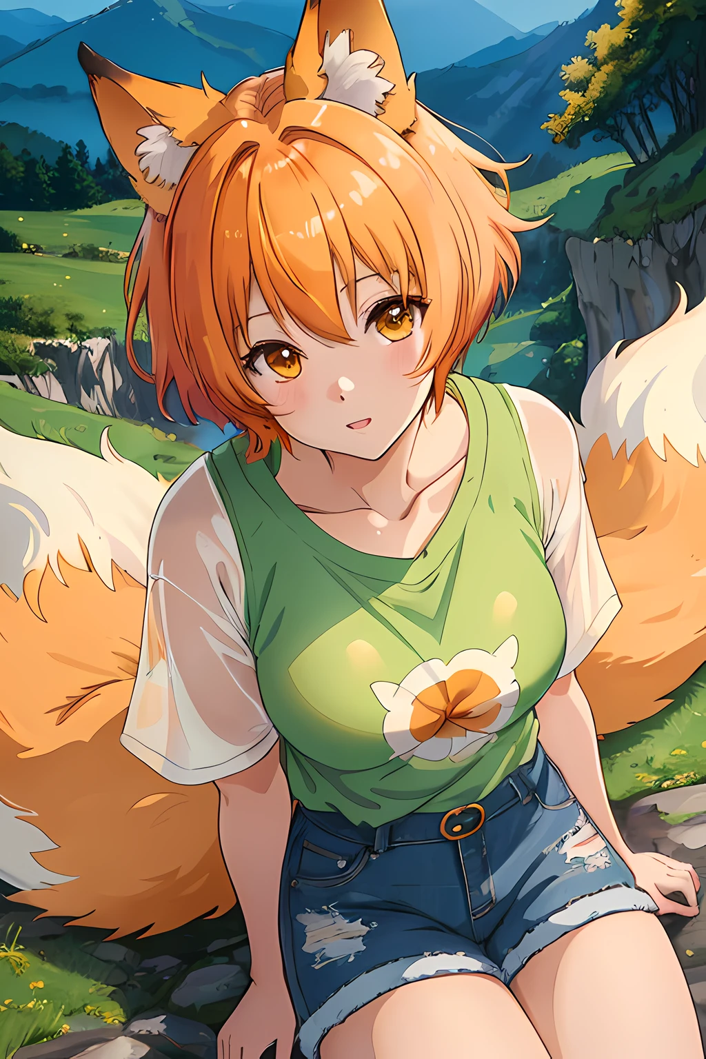 cute anime girl, kitsune, orange hair, short hair, green shirt, denim shorts, brown boots, mountain, clean detailed faces, analogous colors, beautiful gradient, clean image, high quality, high detail, high definition, cute face, 4k resolution, full body, ultra sharp focus, extremely detailed eyes, detailed symmetric realistic face, extremely detailed natural texture, perfectly centered medium upper shot, nikon d850 film stock photograph, kodak portra 400 camera f1.6 lens, extremely detailed, amazing, fine detail, rich colors, one body, fully clothed, face, head in frame, body in frame, good proportions