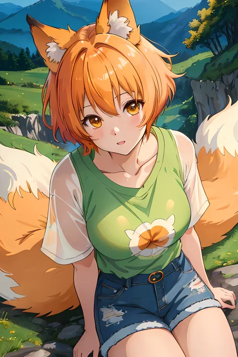 cute anime girl, kitsune, orange hair, short hair, green shirt, denim shorts, brown boots, mountain, clean detailed faces, analo...