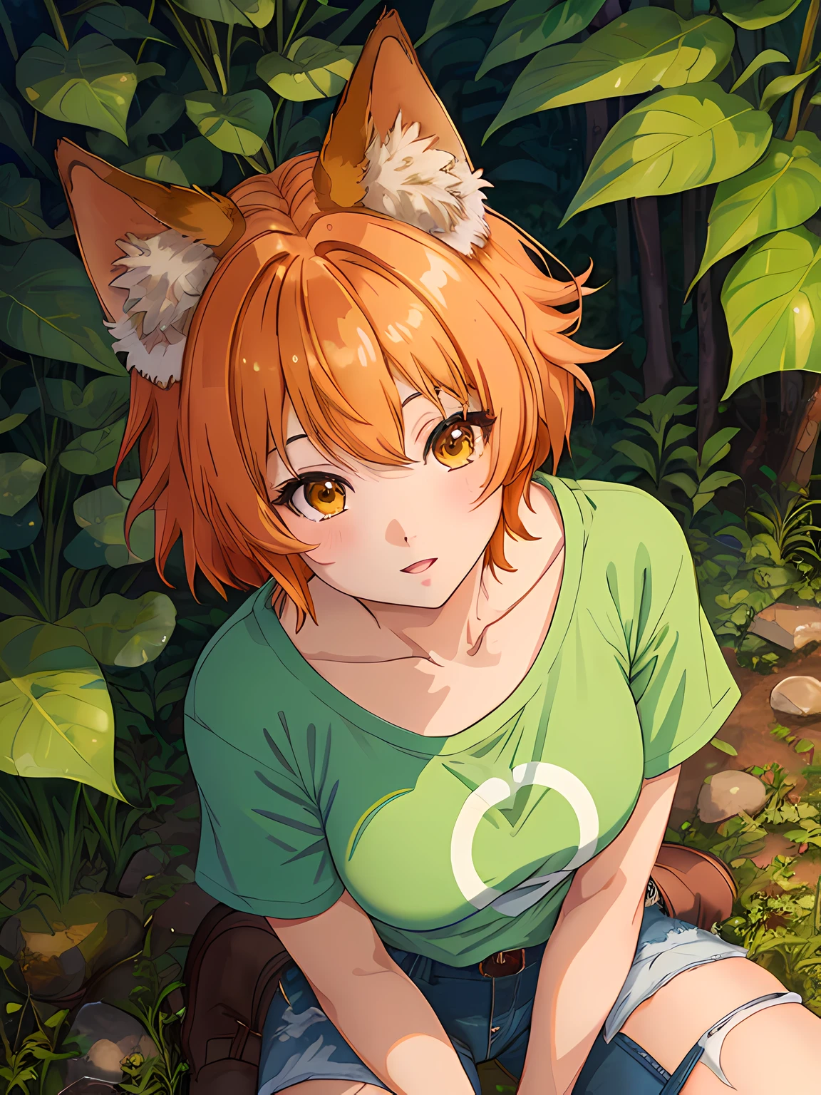 cute anime girl, kitsune, orange hair, short hair, green shirt, blue denim shorts, brown boots, forest, clean detailed faces, analogous colors, beautiful gradient, clean image, high quality, high detail, high definition, cute face, 4k resolution, full body, ultra sharp focus, extremely detailed eyes, detailed symmetric realistic face, extremely detailed natural texture, perfectly centered medium upper shot, nikon d850 film stock photograph, kodak portra 400 camera f1.6 lens, extremely detailed, amazing, fine detail, rich colors, one body, fully clothed, face, head in frame, body in frame, good proportions