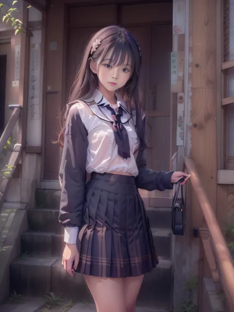 There is a woman leaning against the building holding a briefcase, Seifuku, wearing Japan school uniform, Japan school uniform, 80s Japan photo, Japan girl uniform, inspired by Rokkaku Ayako, sailor suit, black sailor suit, pleated skirt, ((skirt lift: 1.6...