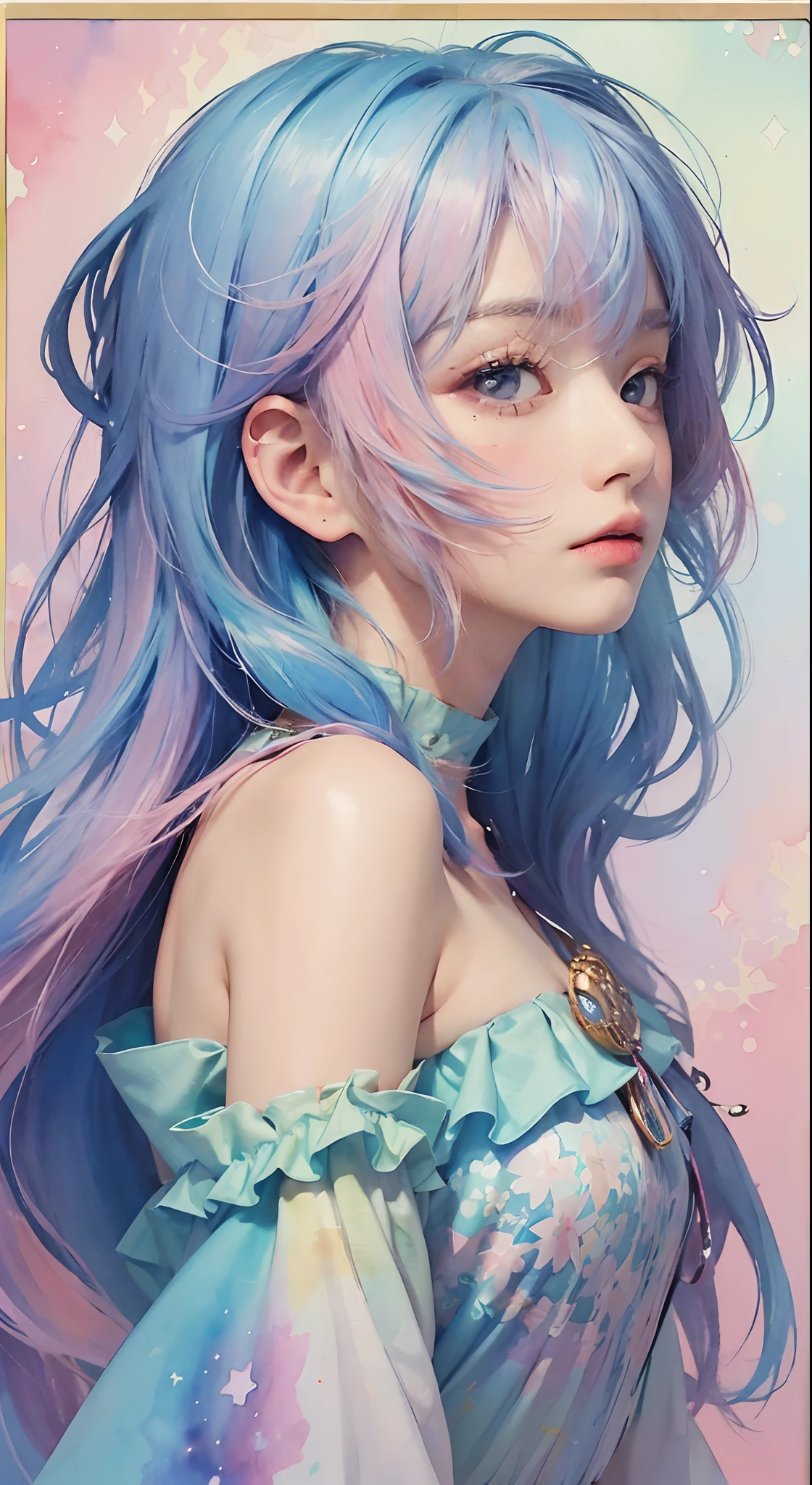 (masterpiece, top quality, best quality,watercolor (medium),official art, beautiful and aesthetic:1.2),(1girl:1.3), (fractal art:1.3),upper body, from side, looking at viewer,patterns,(pastel colour, colorful hair,half blue and half pink hair:1.2),cloud,colorful, starry,stars,