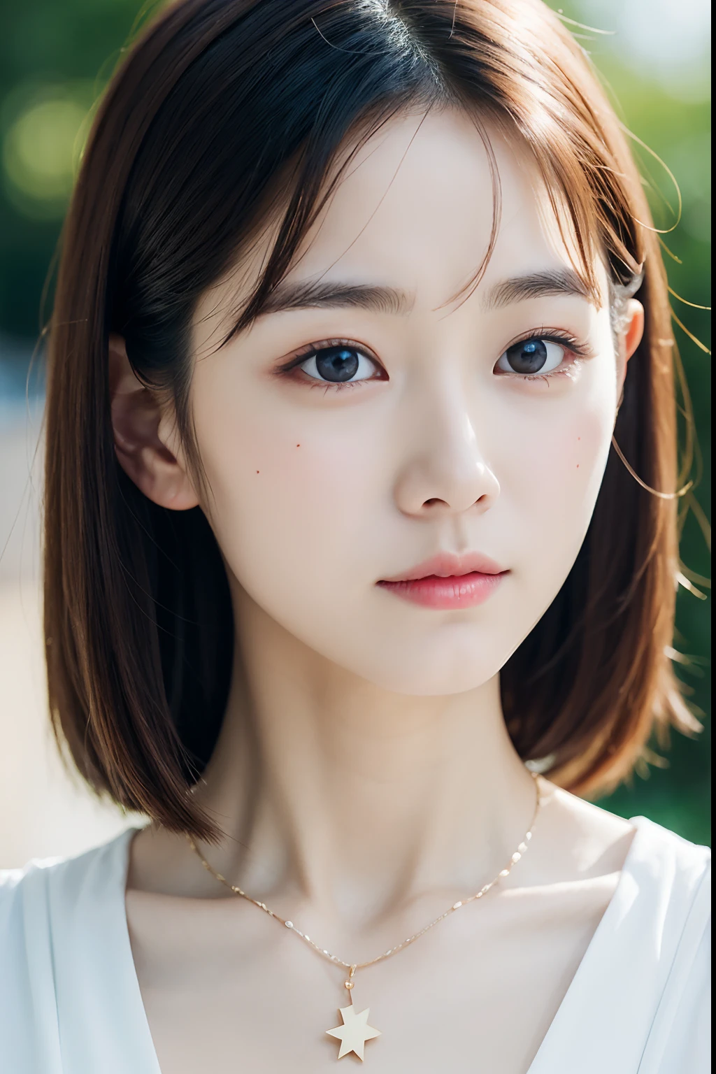 a close up of a woman with a white shirt and a necklace, beautiful ...