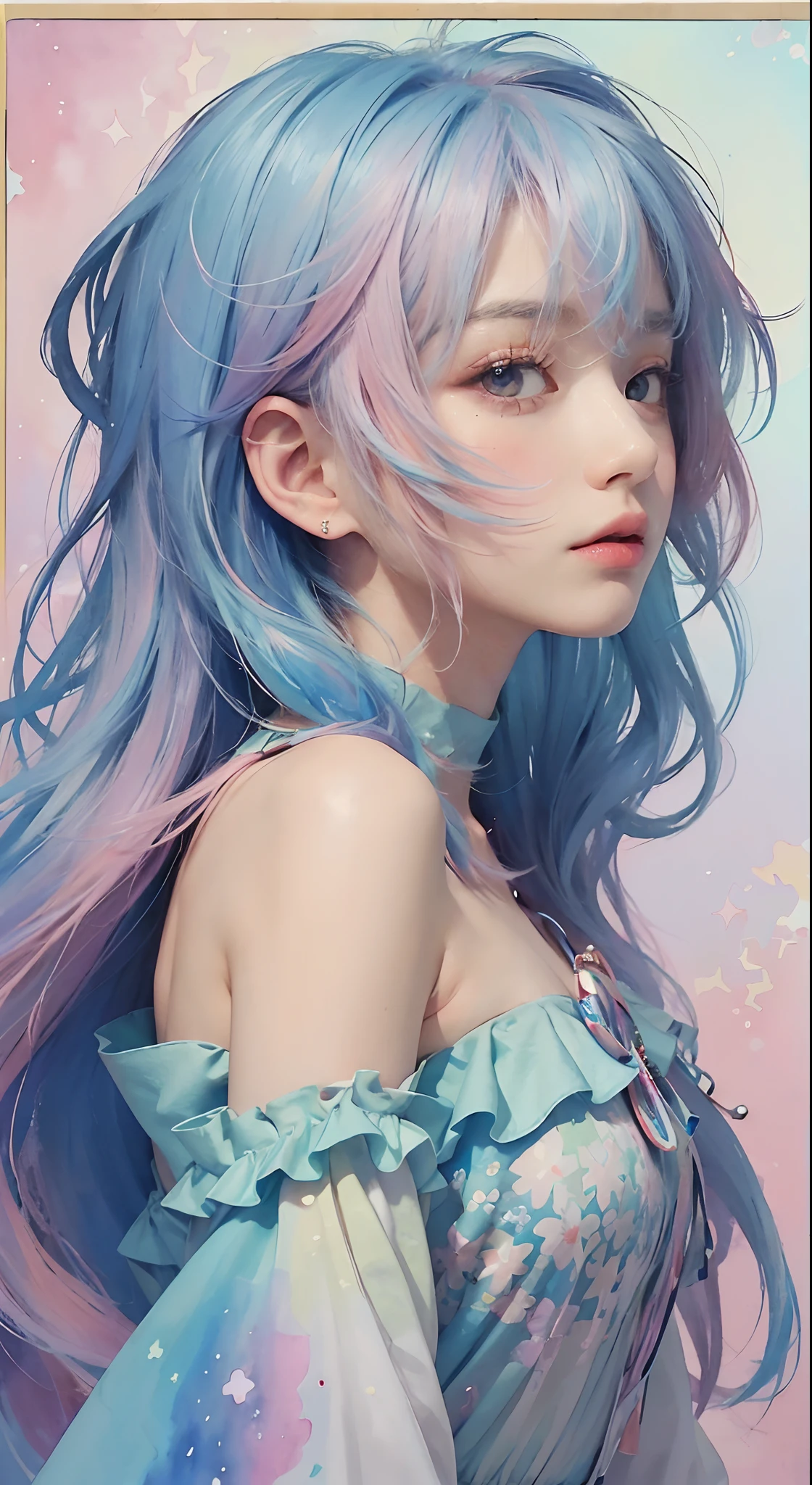 (masterpiece, top quality, best quality,watercolor (medium),official art, beautiful and aesthetic:1.2),(1girl:1.3), (fractal art:1.3),upper body, from side, looking at viewer,patterns,(pastel colour, colorful hair,half blue and half pink hair:1.2),cloud,colorful, starry,stars, real skin, fix the eyes