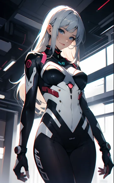 (((Young Woman))), ((Best Quality)), ((masutepiece)), (Detailed: 1.4), (Absurd), 19-year-old young woman with Simon Bisley-style micro thong, Genesis evangelion neon style clothing, 2-piece clothing, cyberpunk, Long silver hair, arm tatoo, cybernetic hands...