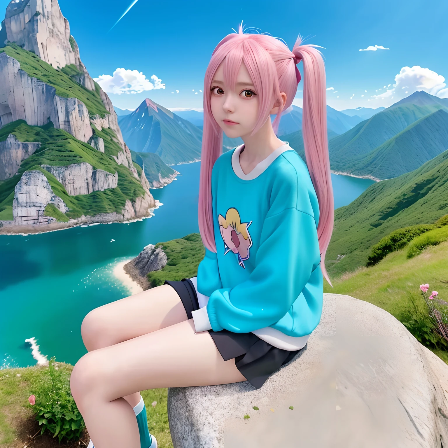 Anime girl sitting on rock，The background is a mountain, anime girl named lucy, rogue anime girl, Anime moe art style, anime best girl, (Anime girl), pink twintail hair and cyan eyes, High quality anime art style, Cute anime girl, An anime girl, Anime girl, up of young anime girl, pretty anime girl, Epic anime style