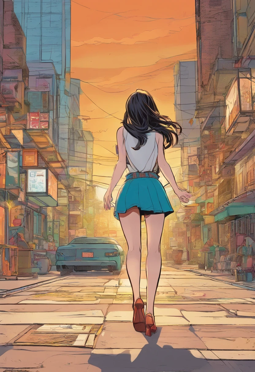 A woman walking down a street in a city with a car - SeaArt AI