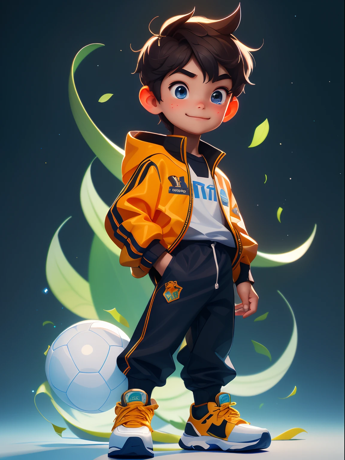 10 year old boy，Towards the future，tmasterpiece，HighestQuali，（（Photorealsitic：1.4））tmasterpiece，（tmasterpiece，Best quality at best）Five cute little boys，Wearing a black nike tracksuit，Orange football shoes，soccer ball under feet，Elaborate Eyes，happy grin，clean backdrop，Delicate sheen，8K，C4D，rendering，illustratio，very delicate beautiful，highly detailed CG，8K wallpaper，astounding，finely detailled，highly detailed CG Unity 8K wallpapers，hugefilesize，super detailing，超A high resolution，A high resolution，Very detailed，（（very detailed eyes and faces）），Beautiful and delicate eyes，Very delicate face， perfect litthing，Facial light，Natural colors，（（10-year-old boy）），From the front light