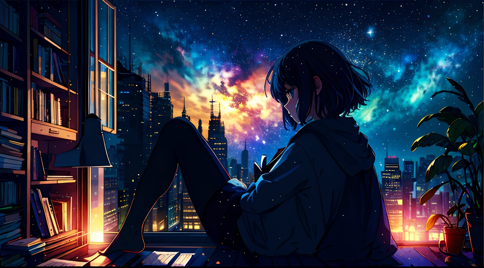 masterpiece, 1girl, solo, room full of scattered books, sitting at window, barefoot, reading book, night at window, distant city lights, starry sky, nebula, close side shot, 8k, detailed, best quality,