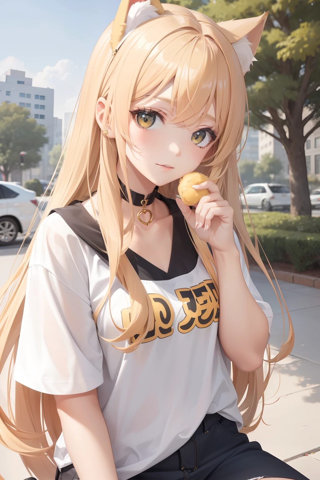 Masterpiece，highest  quality，1girll，cat ear，yellow long hair，at park