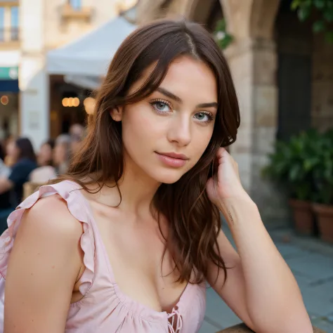 RAW, analog, Nikon Z 85mm, award winning glamour photograph,((best quality)), ((masterpiece)), ((realistic)), 18th century, vintage image, gorgeous French woman wearing, pink dress , 25 year old, (long brown hair), hazel eyes, small perky breasts, sitting ...
