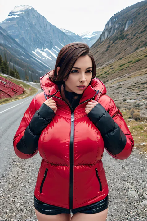 Make a woman with big breast, red pufferjacket , with open zipper, with face, body, landscape