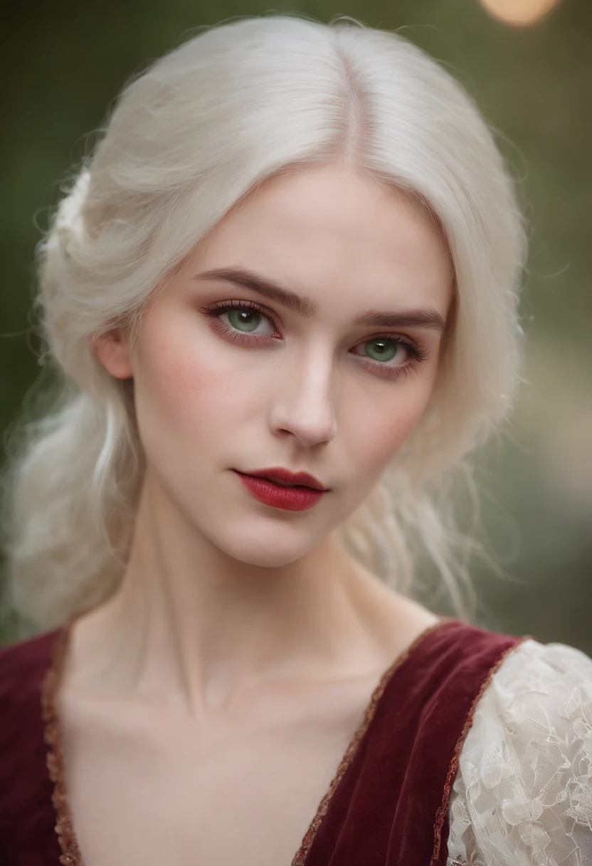 (((그녀의 왼쪽 뺨에 깊고 붉은 상처가 생겼습니다.))) 하얀 안색, 19세 정도의 여성, 자연스러운 흰머리, 독특한 녹색 눈, 콜을 입고, 날씬하고 우아한, 아름다운, 중세 시대의 양초, 매우 선명한 초점, 현실적인 샷, 중세 여성복, 노트북 색상 (흉터:1.4)
