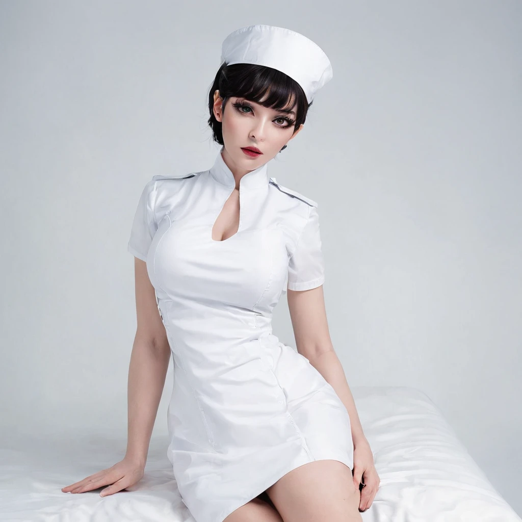 Arafed woman in a white nurse uniform sitting on a bed - SeaArt AI