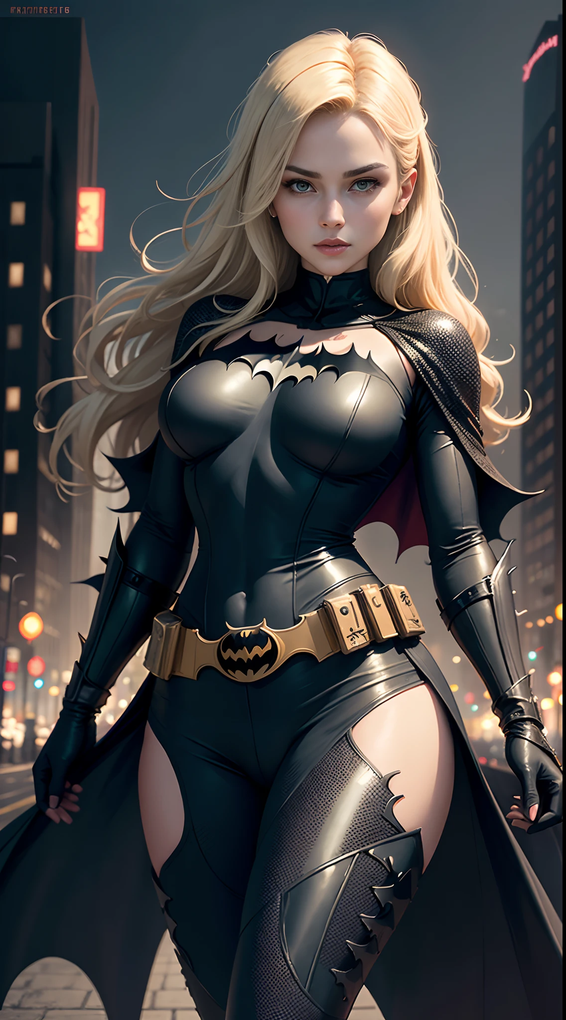 A woman in a batman costume standing on a city street - SeaArt AI