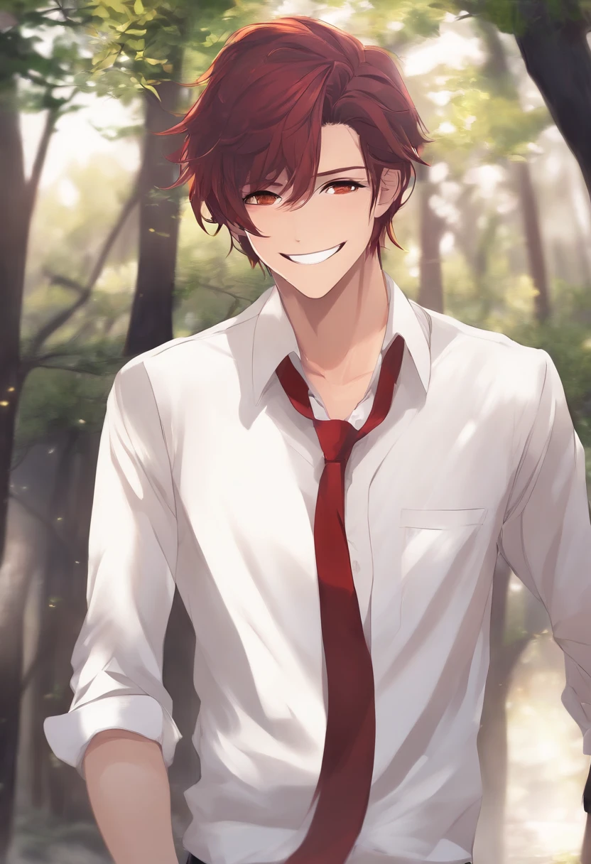 Anime Guy, Red Hair, White Skin, Smiling, White Shirt.