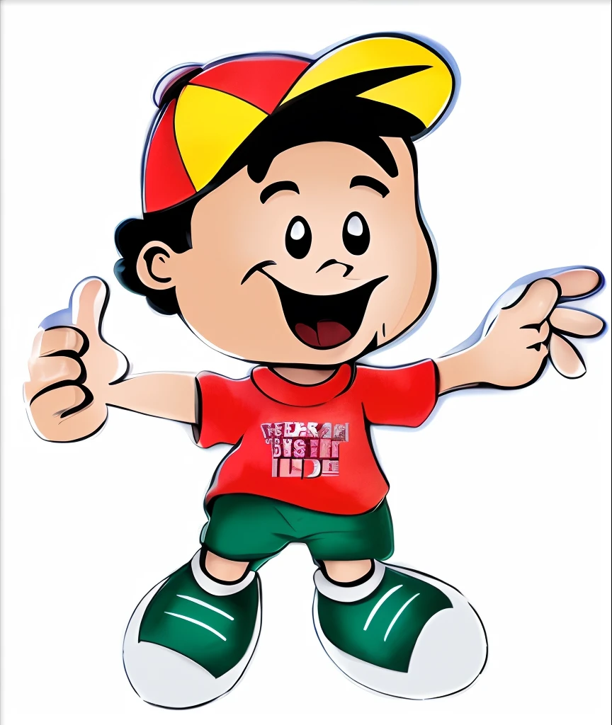 Cartoon boy with a red shirt and green shorts pointing at something -  SeaArt AI