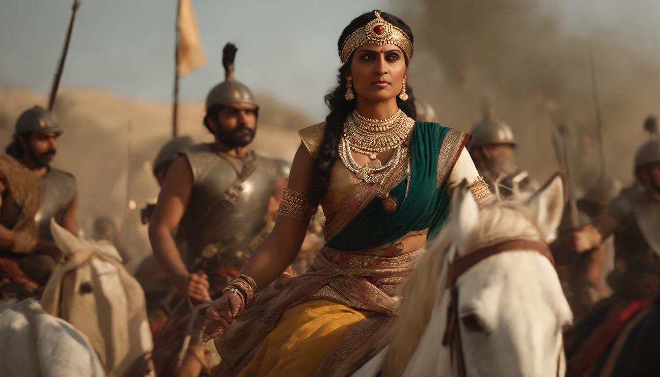 {It vividly depicts the rebellious queen Rani Lakshmibay dressed in traditional 19th-century Indian combat attire, Lead her troops into fierce battles，The moment she was hit in the abdomen by a bullet}, Realistic style, Artistic inspiration by Greg Rutkowski, camera: Medium telephoto, Shot: Wide, Rendering-related information: (hyperrealistic 3 d render:1.16), (rootkowski:1.1), (Intricate details:1.2), (Oil painting:1.3)