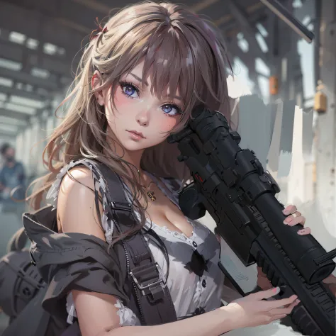 Anime girl with gun and backpack posing for photo, M4 Sopmod II Girls Frontline, artwork in the style of guweiz, guweiz, guweiz ...