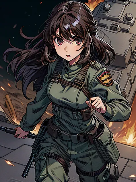 1girl in,brunette color hair,Akame,Imperial Army Soldier,Army Officer Uniform,Battlefield Background、actionpose、