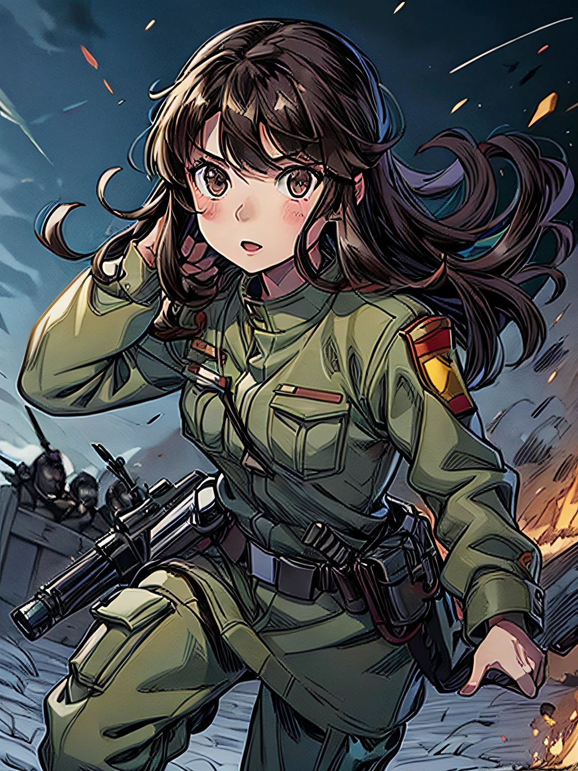 1girl in,brunette color hair,Akame,Imperial Army Soldier,Army Officer Uniform,Battlefield Background、actionpose、