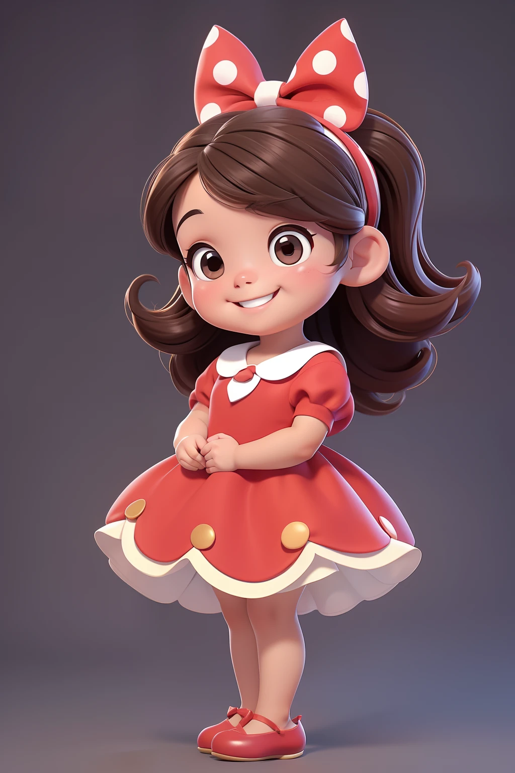 [(Una adorable chica morena sonriente :1.2)(Bebé pequeño y tierno)(pele clara)(feliz)][(luciendo un disfraz inspirado en &#39;Minnie&#39;) , ilustración infantil , fondo limpio], con un pequeño vestido rojo con lunares blancos y un lazo en el pelo, cuerpo entero, usar un zapato negro