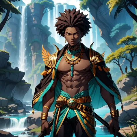 afrofuturism, orisha, A black short and Muscle black man, african god of hunt wearing a turquoise and yellow hunter suit, holdin...