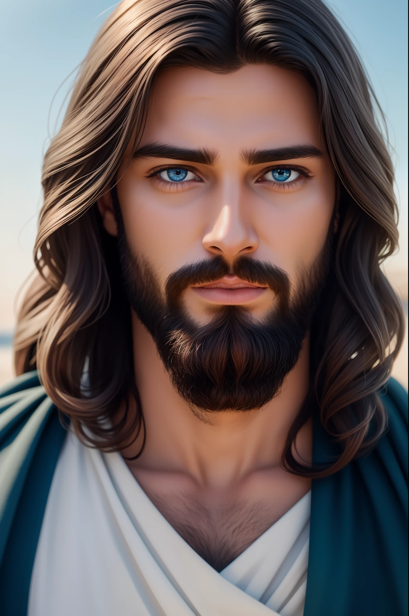 Create a realistic depiction of Jesus in the style of, Paradise Celestial Background , Olhando para o futuro com longos cabelos castanhos e barba. His blue eyes are gentle and expressive, Certificar-se, that the image is of high quality and rich in detail, to apprehend the essence of Jesus , Alto Detalhe da Pele: 1,2 8k uhd , 20 MP, Fujifilm XT3, 80mm