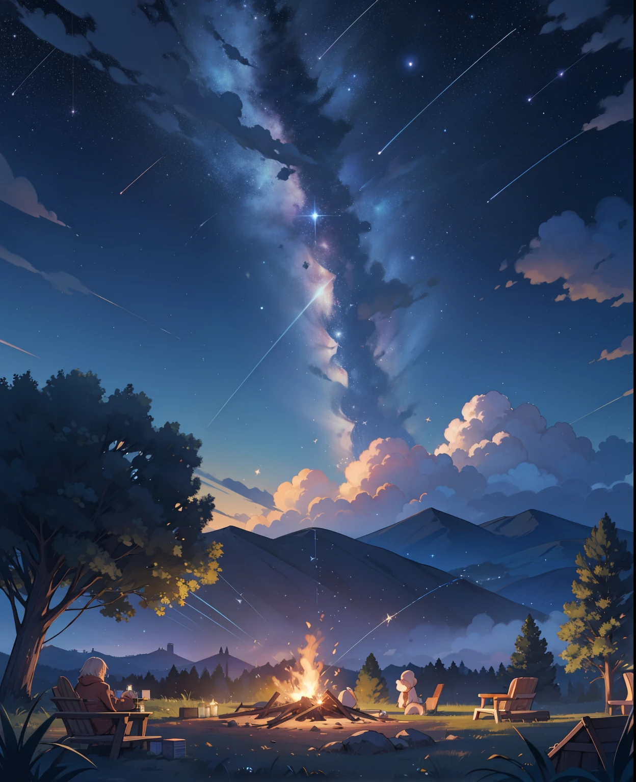 electronic light，lightning, star \(sky\), starry sky, cloud, constellation, city lights, starry sky print, planet, fireworks, campfire, earth \(planet\), twilight, crescent moon, starry background,, projectile cum, splashing, cityscape, telescope