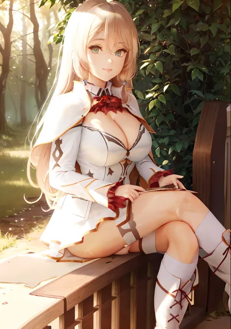 masterpiece, best quality, ultra-detailed, beautiful detailed eyes, extremely detailed eyes and face, 1girl, flarejioral, sidelocks, cleavage, cape, long sleeves, white skirt, pleated skirt, white thighhighs, boots, white footwear, cross-laced footwear, kn...
