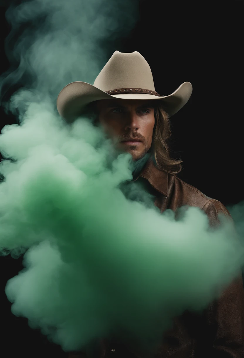 Arafed man in a cowboy hat smokes a green cloud - SeaArt AI