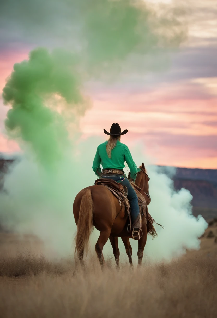 There is a woman riding a horse with a green smoke cloud - SeaArt AI