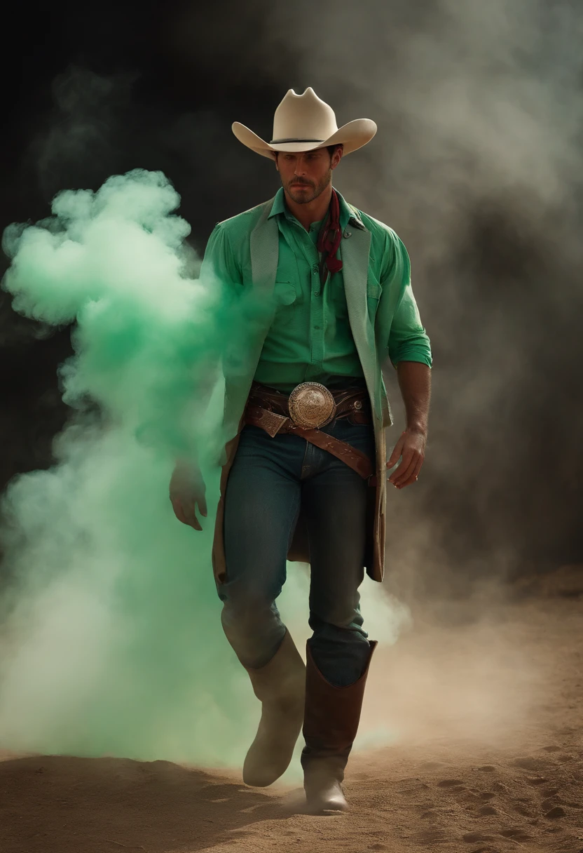 Araffe cowboy in green shirt and hat walking in dust - SeaArt AI