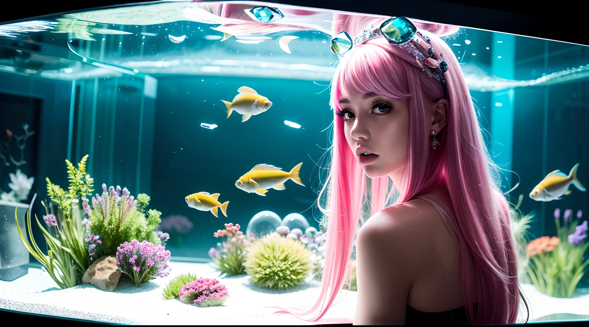 Stand behind a fish tank filled with close-ups of firs，looking at viewert，Long green hair，Dull hair，Pink hair accessories，sparkle eyes，Eye-catching，The corners of the mouth are upturned，HD quality wallpaper，refracted light，The water is crystal clear，The head is especially depicted in the picture，3Drenderingof