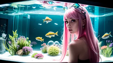 Stand behind a fish tank filled with close-ups of firs，looking at viewert，Long green hair，Dull hair，Pink hair accessories，sparkle eyes，Eye-catching，The corners of the mouth are upturned，HD quality wallpaper，refracted light，The water is crystal clear，The he...
