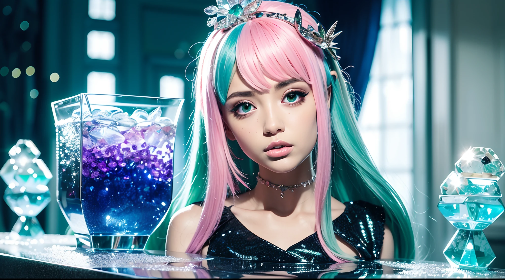 Stand behind a fish tank filled with close-ups of firs，looking at viewert，Long green hair，Dull hair，Pink hair accessories，sparkle eyes，Eye-catching，The corners of the mouth are upturned，HD quality wallpaper，refracted light，The water is crystal clear，The head is especially depicted in the picture，3Drenderingof