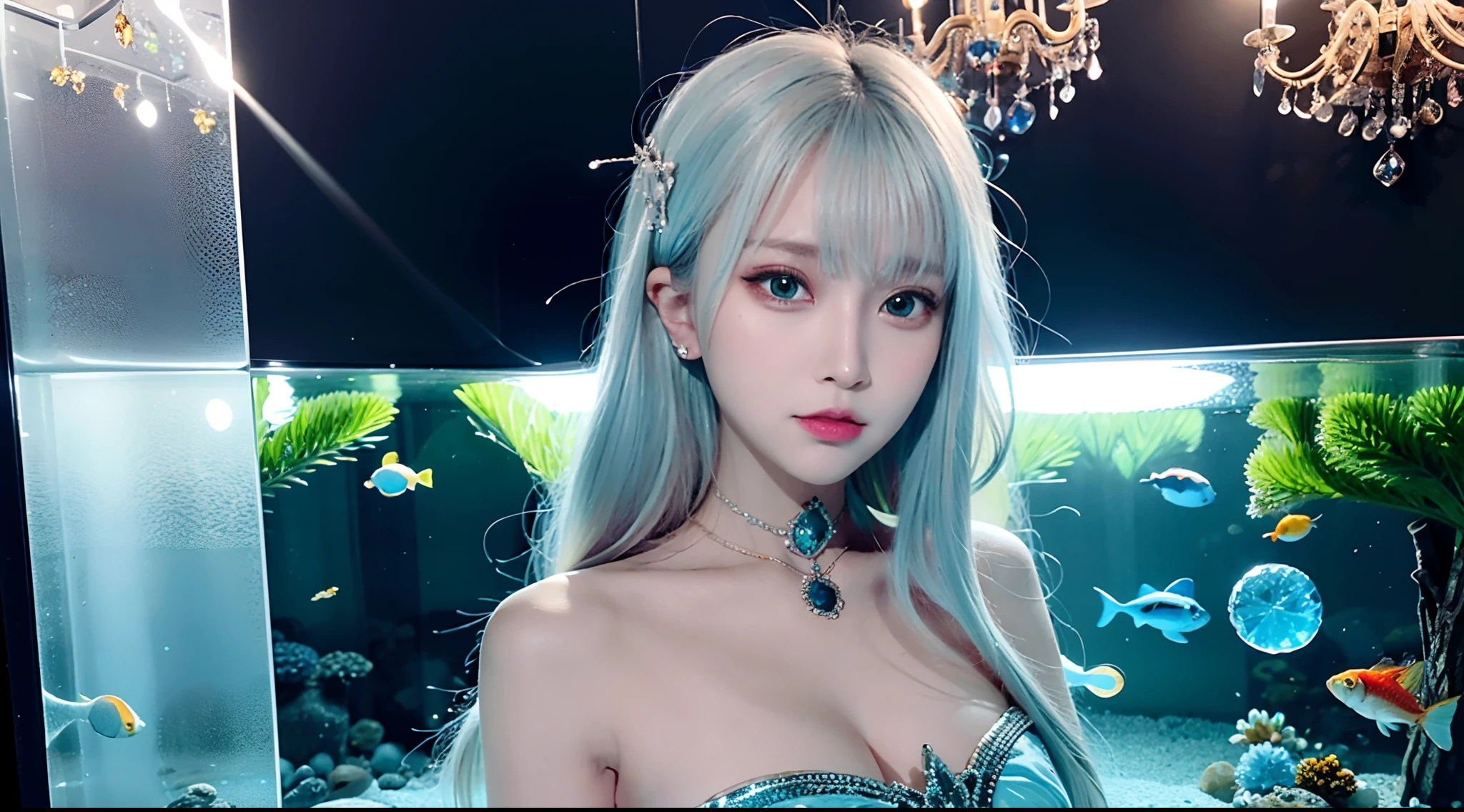 Stand behind a fish tank filled with close-ups of firs，looking at viewert，Long green hair，Dull hair，Pink hair accessories，sparkle eyes，Eye-catching，Beautiful, clear and bright light blue eyes，The corners of the mouth are upturned，HD quality wallpaper，refracted light，The water is crystal clear，The head is especially depicted in the picture，3Drenderingof