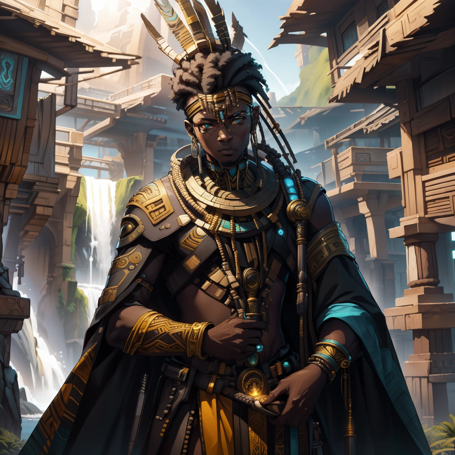 afrofuturism, orisha, A black short and Muscle black man, african god of hunt wearing a turquoise and yellow hunter suit, holding a sword and spear, waterfall background, tiger and fishes, a river, orisha, afrofuturism, ultra quality, short man, 8K, african necklaces, seashells clothes