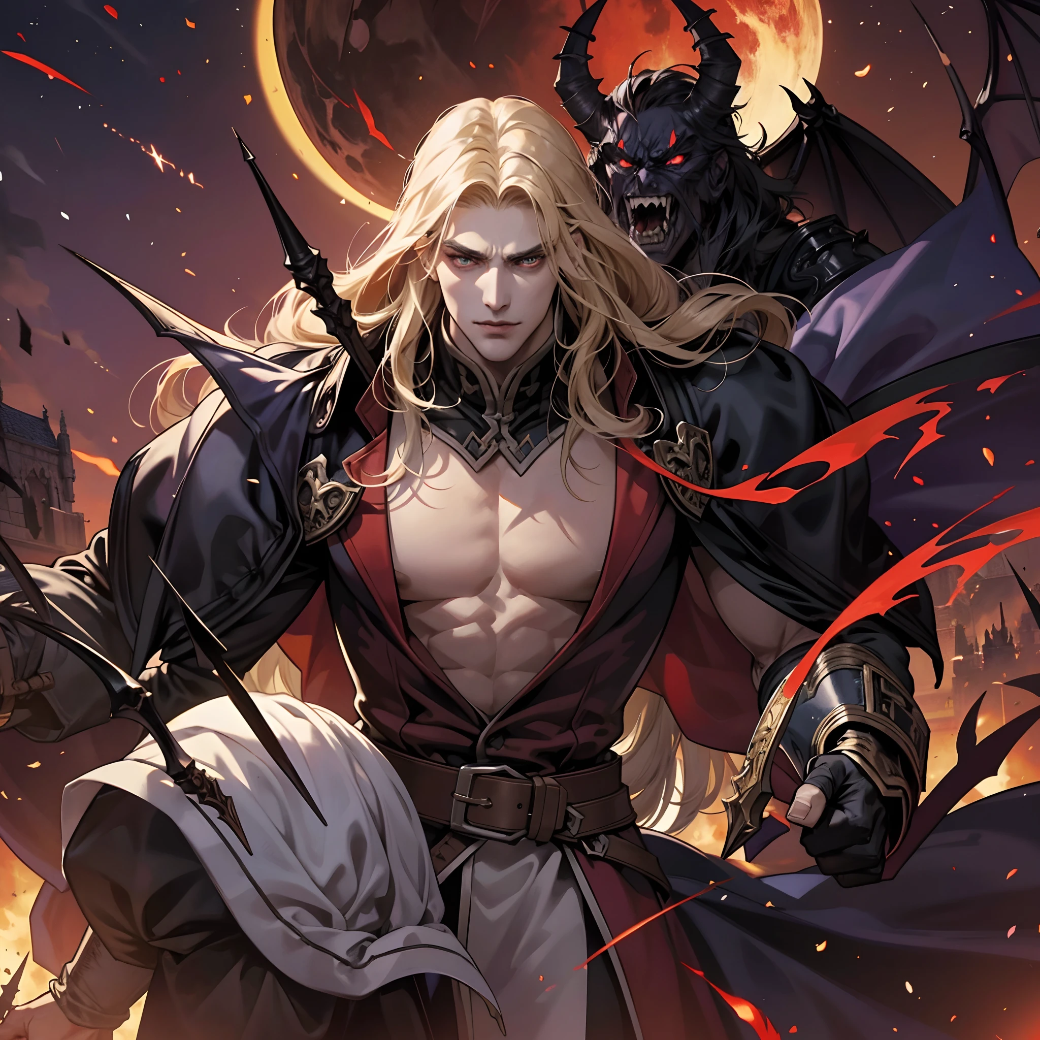 Castlevania Shadow Lord красивый мускулистый Лорд Дракула возглавляет  войска, вооруженные демонами, на войну гиперреалистично супердетализировано  Динамичная поза супердетализировано лица гиперреалистично  супердетализировано - SeaArt AI