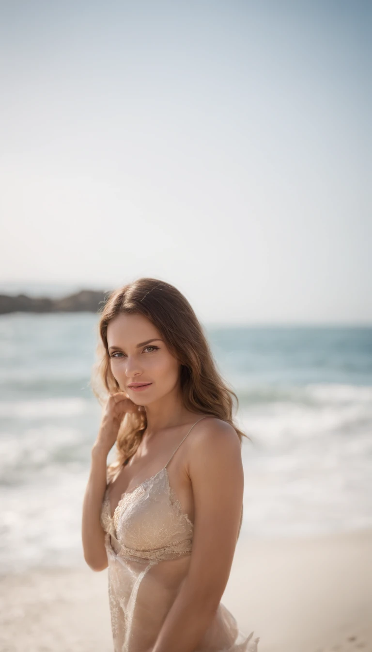 Una mujer con un vestido blanco parada en una playa cerca del océano -  SeaArt AI