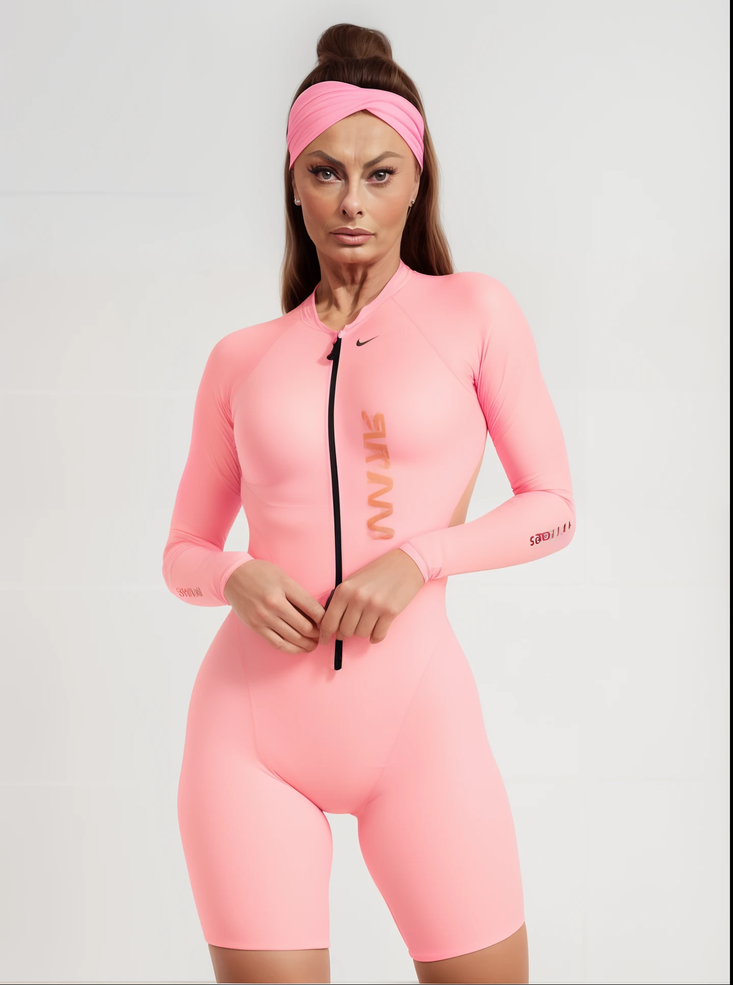 A woman in a pink wetsuit and headband posing for a picture - SeaArt AI