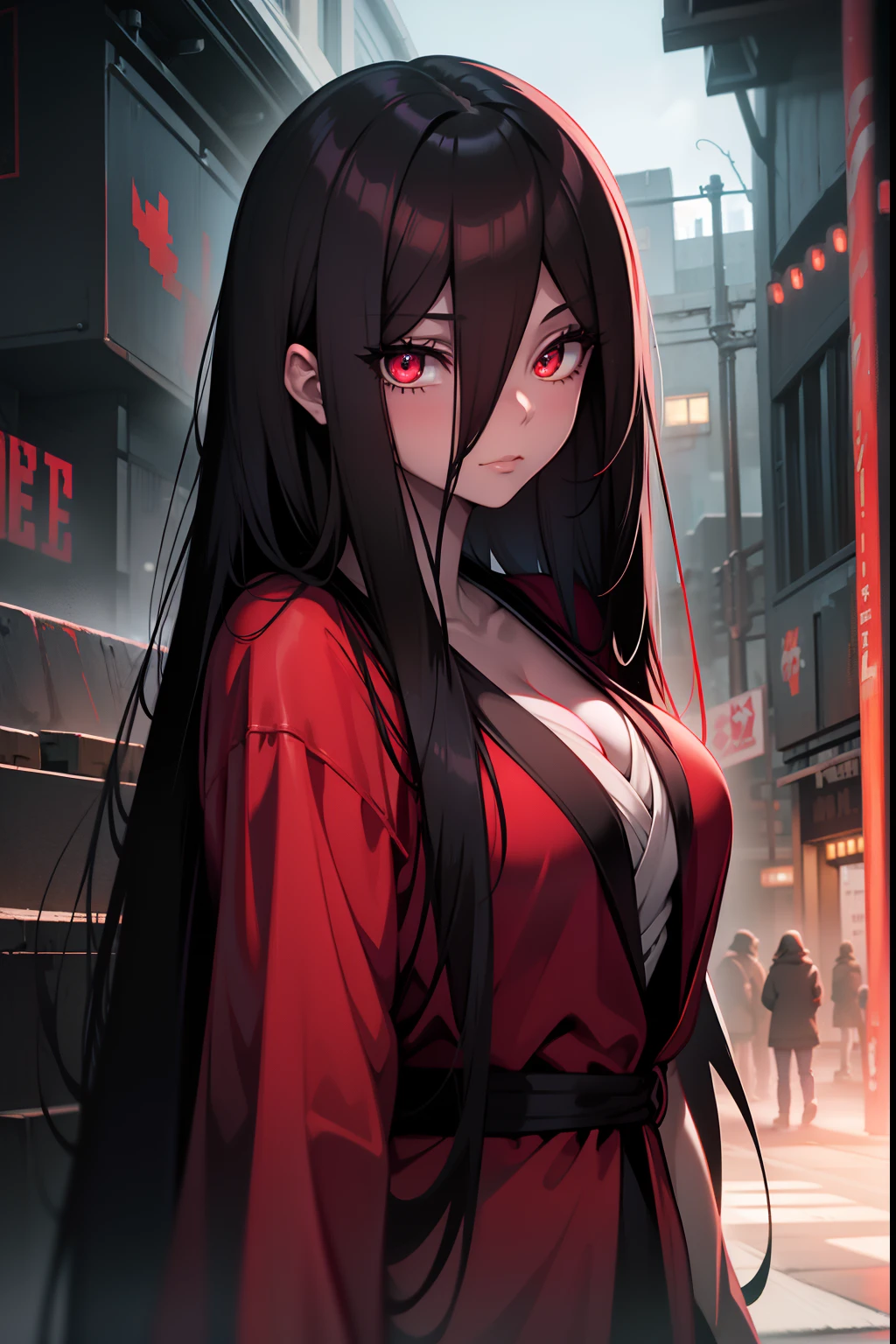 (( best quality, masterpice, )) Crimson eyes, glowing eyes, night, red robe, standing, female, long hair, black hair, white skin