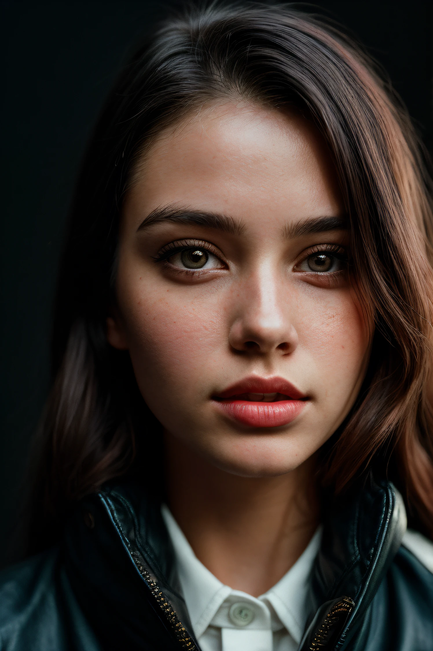 (close-up, editorial photograph of a 21 year old woman), (casual wear with white collar and elegant leather coat), (highly detailed face:1.4) (smile:0.7) (background inside dark, moody, private study:1.3) POV, by lee jeffries, nikon d850, film stock photograph ,4 kodak portra 400 ,camera f1.6 lens ,rich colors ,hyper realistic ,lifelike texture, dramatic lighting , cinestill 800, (add_detail:1)