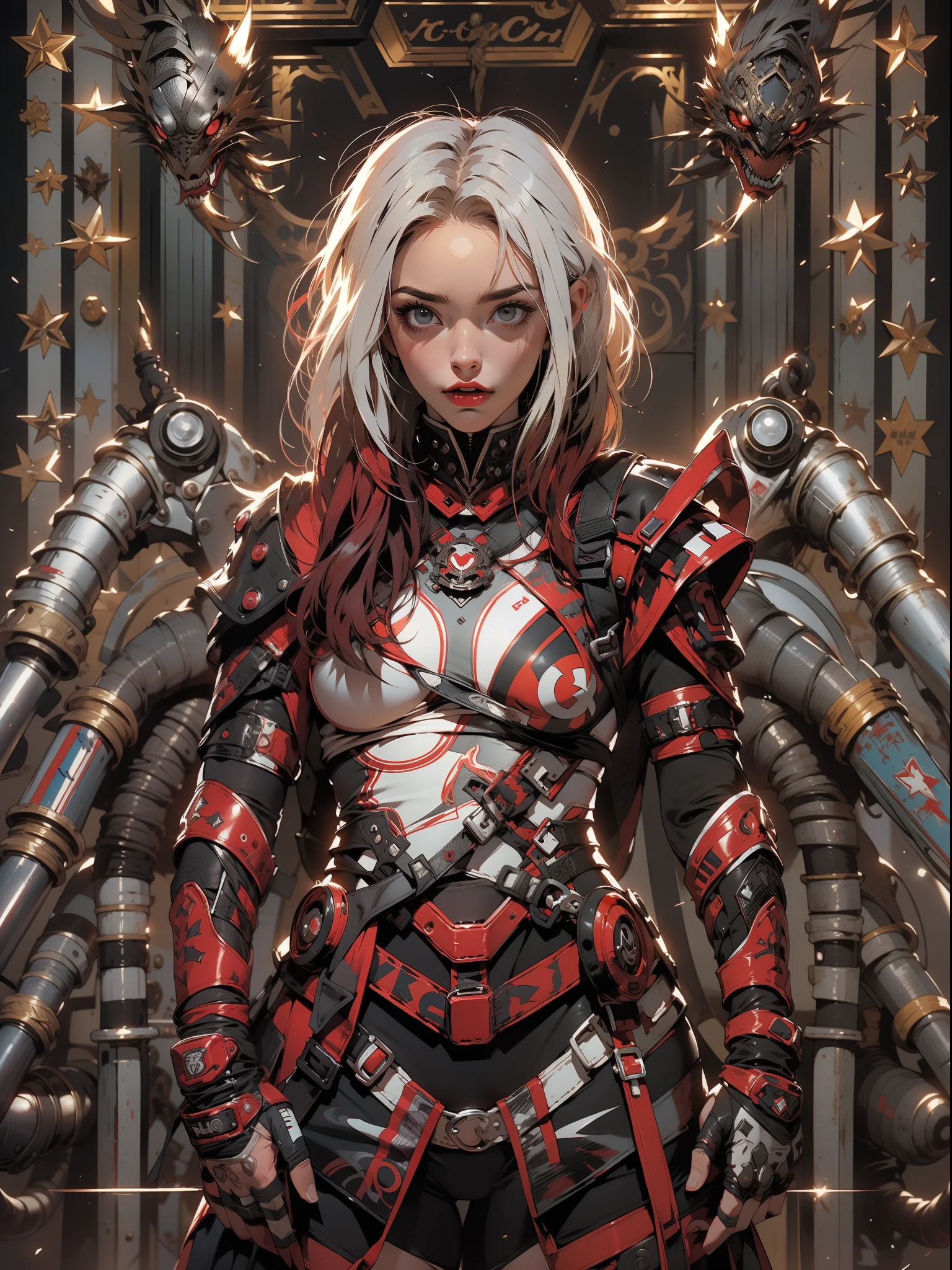 (((mulHeR))), (((melHoR qualidade))), (((obRa pRima))), (((adulto))), (((1giRl))), ((( coRte de cabelo moicano ))), Uma gladiadoRa cybeRpunk mulHeR de 25 anos com coRpo peRfeito, alien aRmoR, H.R. Estilo GigeR, sHouldeR pads witH metal spines, GladiadoRes do BRooklyn, (( coRte de cabelo moicano )), tiny leatHeR panties, camiseta de time de Rugby Rasgada, quase nua no estilo selvagem uRbano de Simon Bisley paRa a capa da Revista Heavy Metal, Cabelo loiRo cuRto, Minimum clotHing, Metal pRotection on tHe left aRm witH intRicate gRapHics, DaRk Red witH wHite staRs and black and wHite cHeckeRboaRd patteRn, aRmaduRa, cHeio de pontas e Rebites, (((do joelHo pRa cima))), cabelos loiRo bRanco cuRto, no fundo uma paRede pintada poR SHepaRd FaiRey com um design intRincado