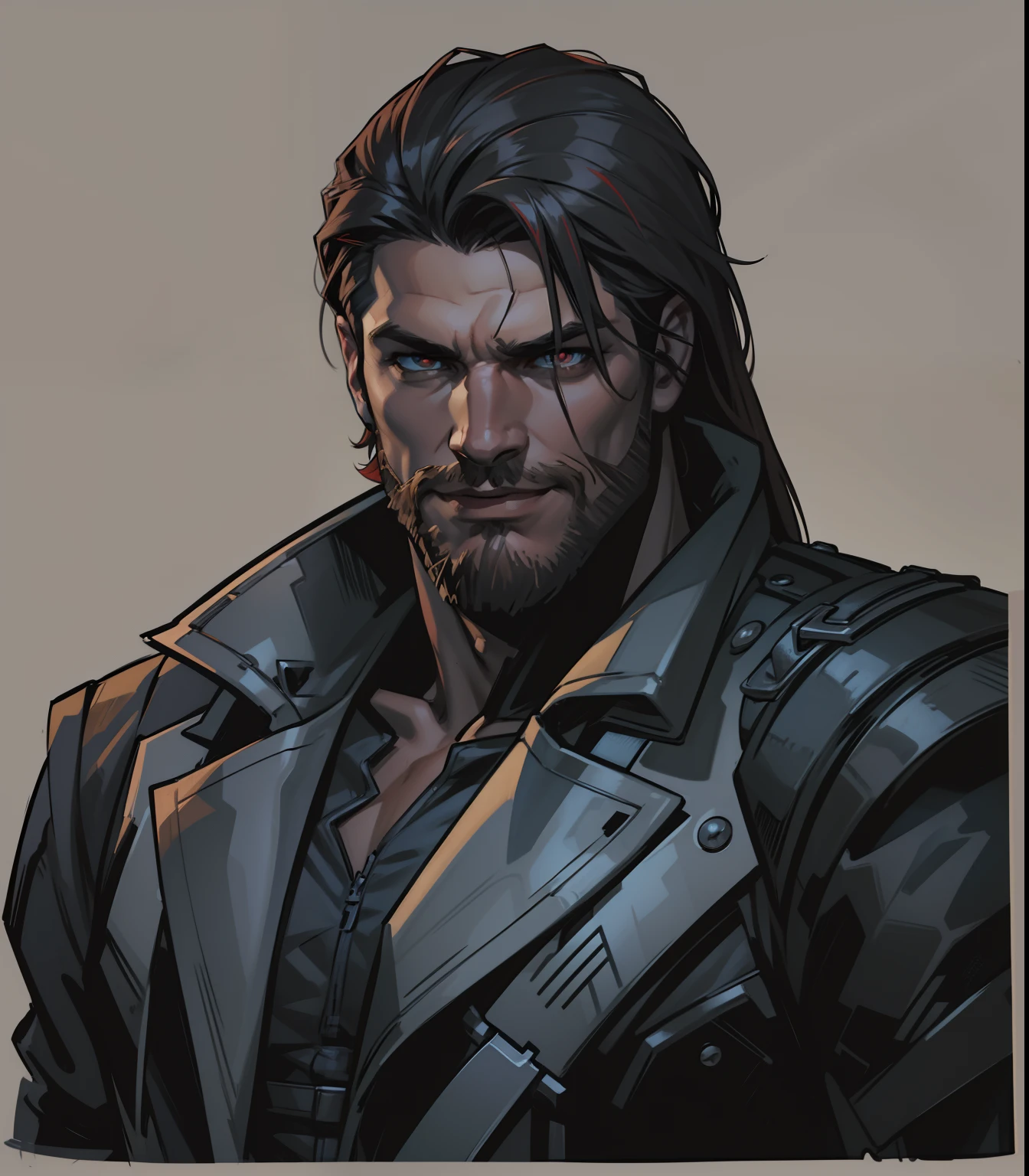 Marvel comics style. A close up portrait of a Todd Smith as Ares god, with mullet hair and a short beard. Trending on ArtStation, athlete, handsome, defined face, detailed eyes, short beard, glowing red eyes, brown-grey hair, cruel smile, badass, dangerous. Wearing trench overcoat and casual shirt.