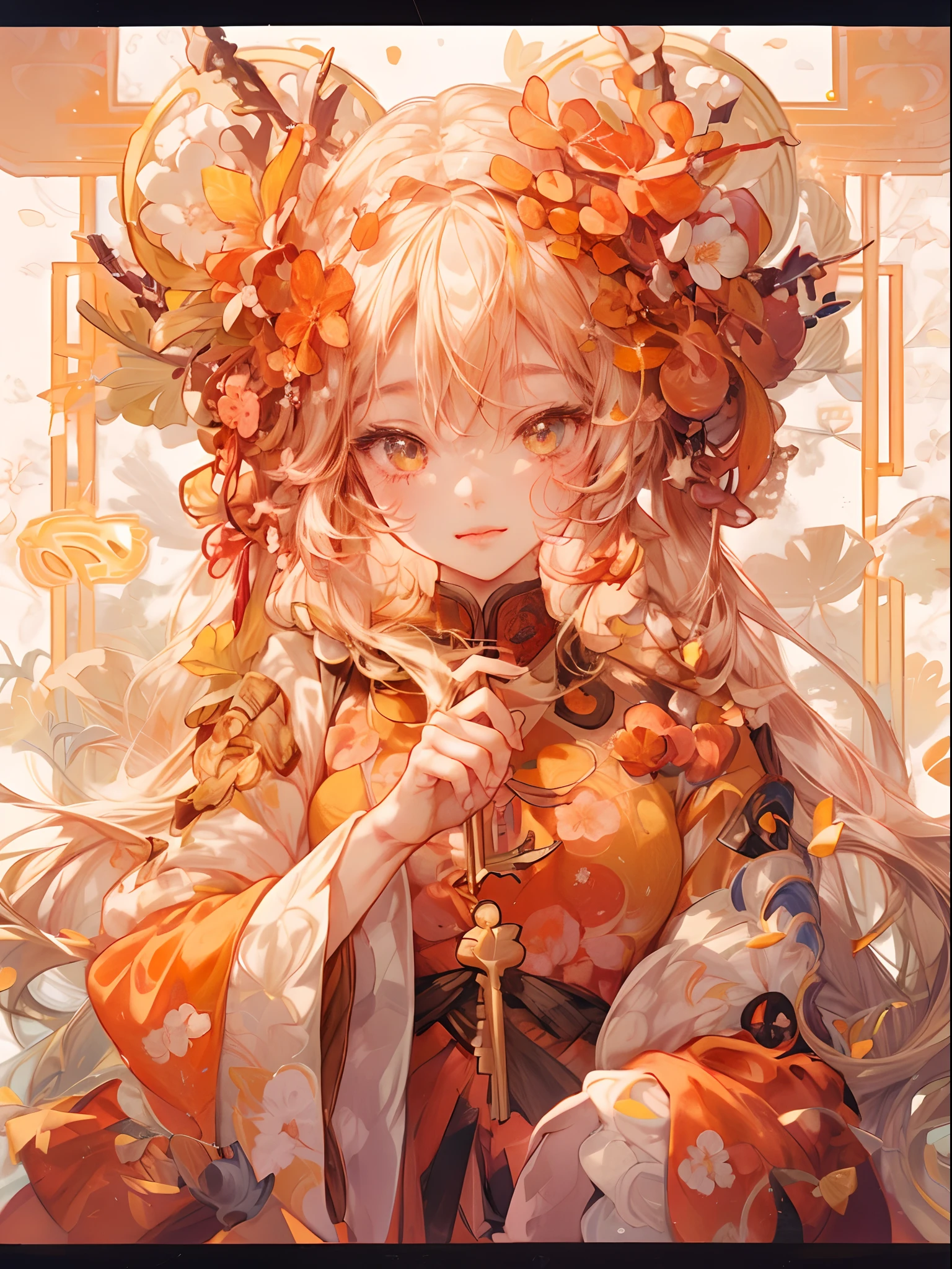 anime girl with long hair and orange flowers in her hair, 🍁 cute, trending on artstation pixiv, clean detailed anime art, ayaka genshin impact, detailed digital anime art, detailed key anime art, onmyoji portrait, detailed anime art, detailed anime artwork, alphonse mucha and rossdraws, beautiful anime art, beautiful anime artwork, beautiful anime portrait