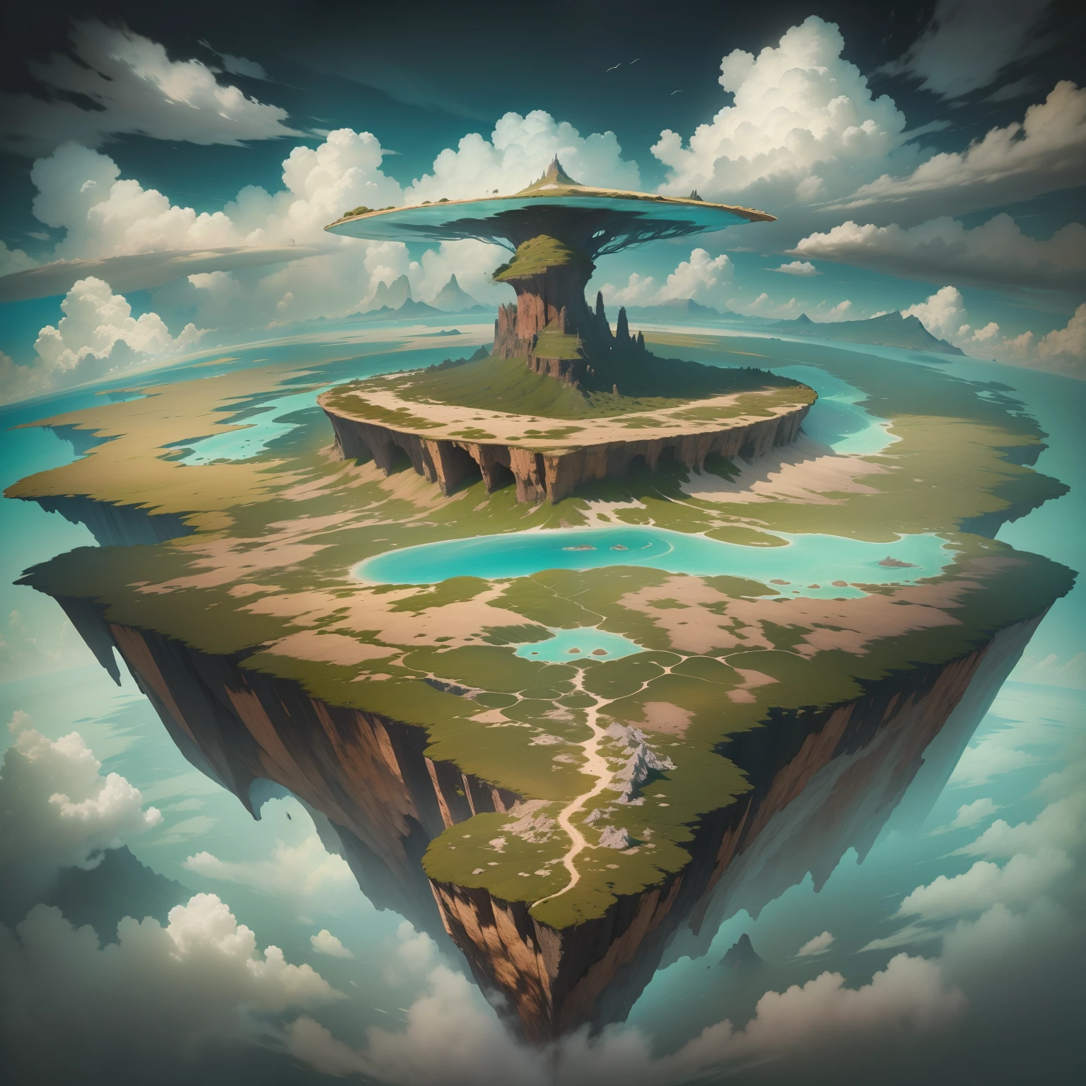 Ilha gigante com um reino enorme em cima, The island is floating in the middle of the sky, The island is in the middle of the sky with nothing underneath, There's nothing under the island, The island is flowing far away from the ground, frontal angle