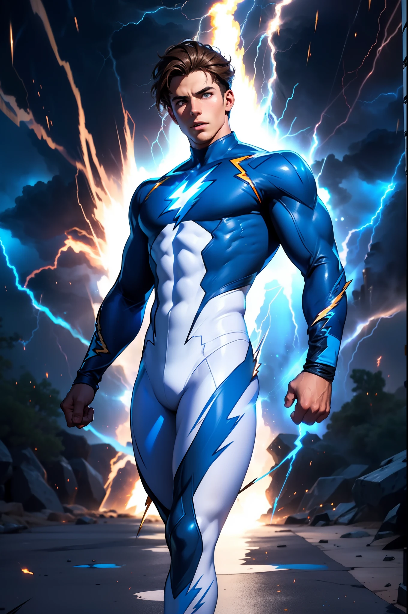 Super heroi, Homem, 23 anos, cabelo castanho, olhos castanhos, (meia-calça branca e azul), (cercado por relâmpagos:1.4), transformando-se em eletricidade, fotorrealista, efeitos de partículas, traçado de raio, profundidade de campo,